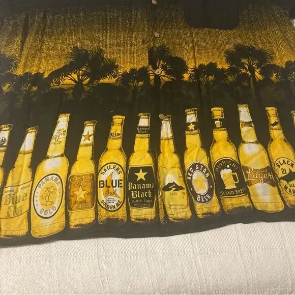 GEORGE Tropical Beer Bottle Hawaiian Button Down Shirt Black L 42-44 - Picture 2 of 10